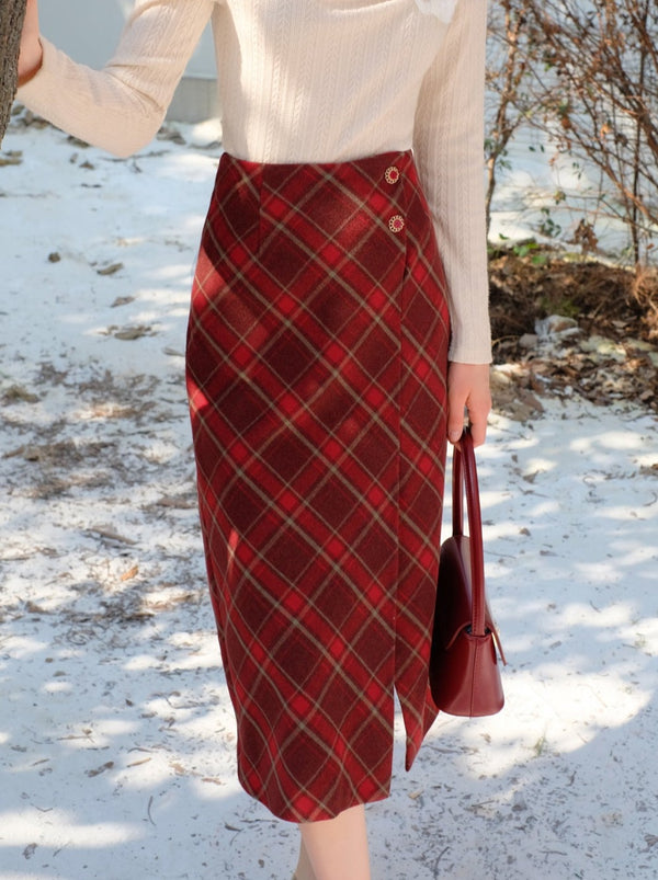 French Retro Argyle Long Slit Skirt
