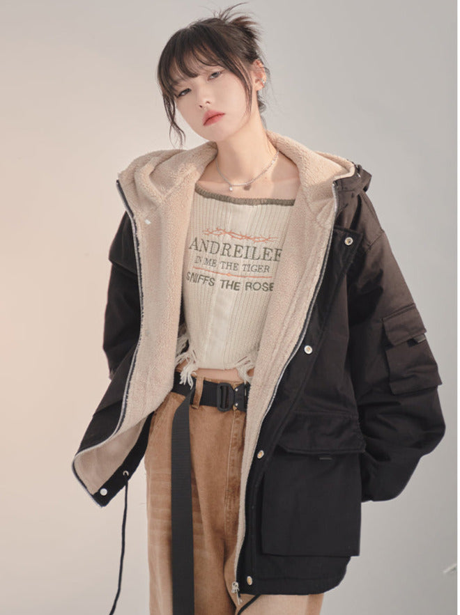 Hoodie Loose Boa Liner Cotton Jacket Coat