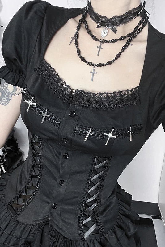 다크 스타일 고딕 퍼프 슬리브 탑