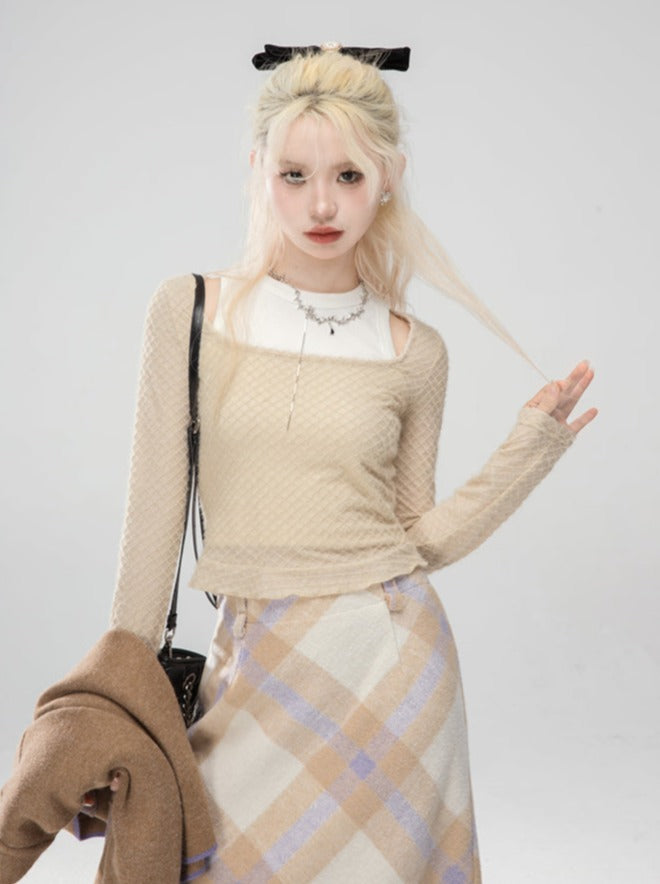 Milk Tea Waffle Two Piece Short Slim Fit Square Neck Sweater