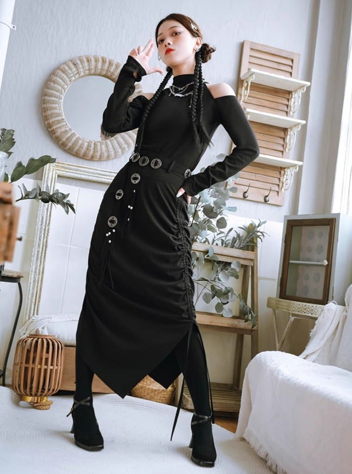 Drawstring Black Slim Fit Hip Skirt