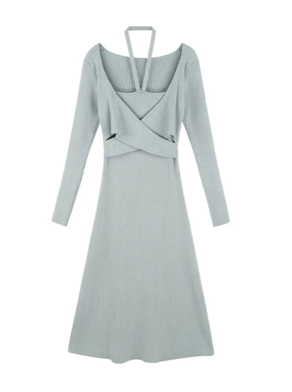 Halter Neck Knit Faux Two Piece Slim Knit Dress