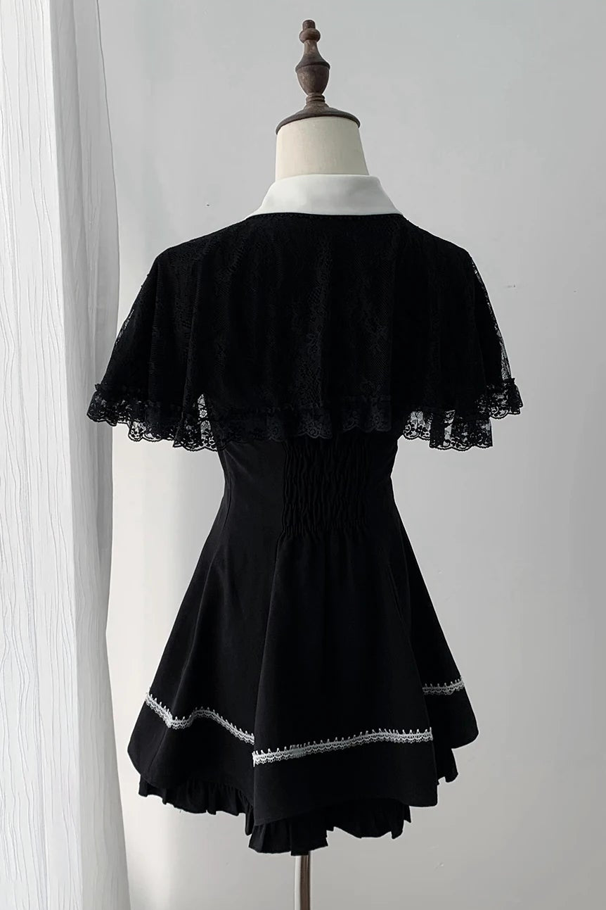 【4月29日予約締切】ブラックゴシックケープスリーブクロスディテールリボンカラードレスセットアップ