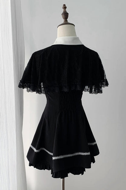 【4月29日予約締切】ブラックゴシックケープスリーブクロスディテールリボンカラードレスセットアップ