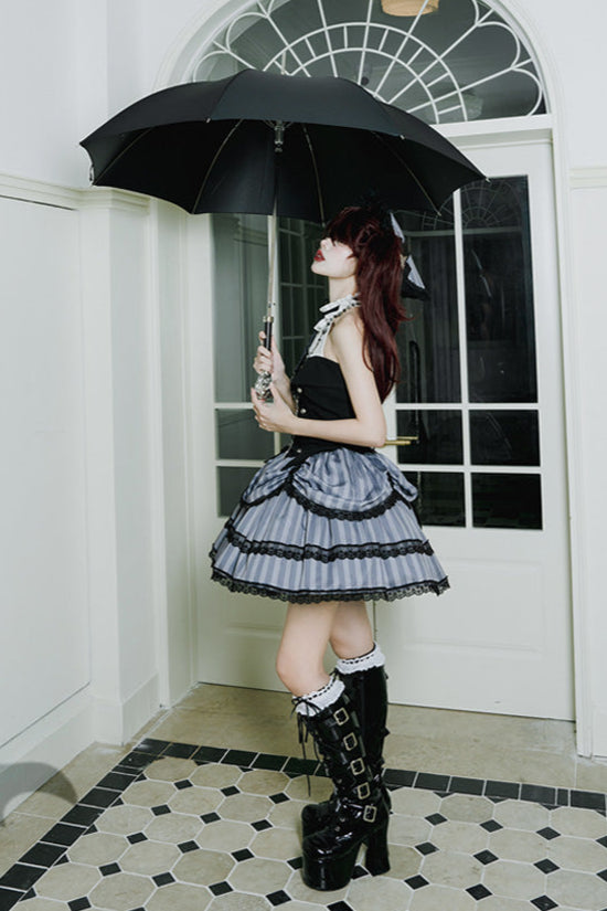 Striped gothic skirt + asymmetrical fitted jacket + jumper skirt