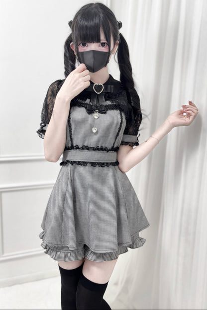 レースショールリボンシャツカラートップス＋ショートパンツ