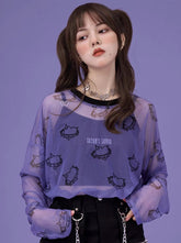 루즈 라운드 넥 프린트 시어 롱 티