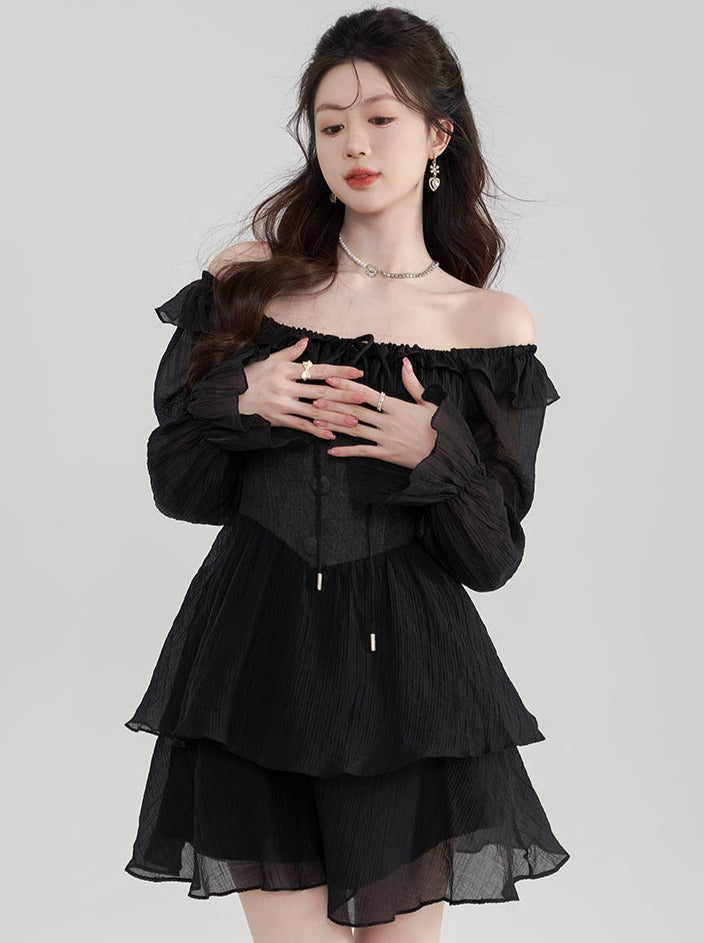 Ruffle Mesh Square Collar Black Dress