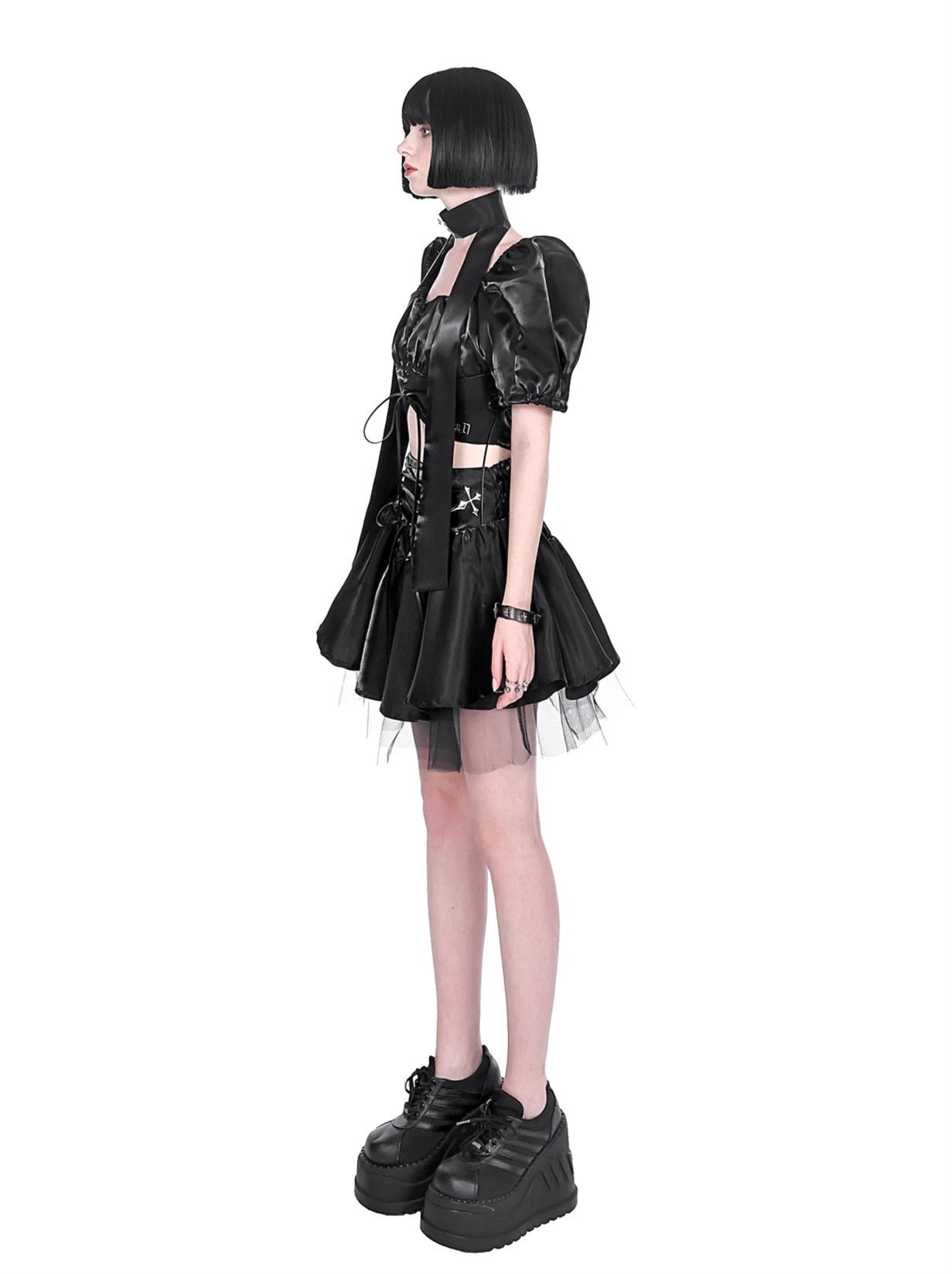 Cyberpunk glitter setup cross neck stole + puff sleeve short top + lace up tulle skirt