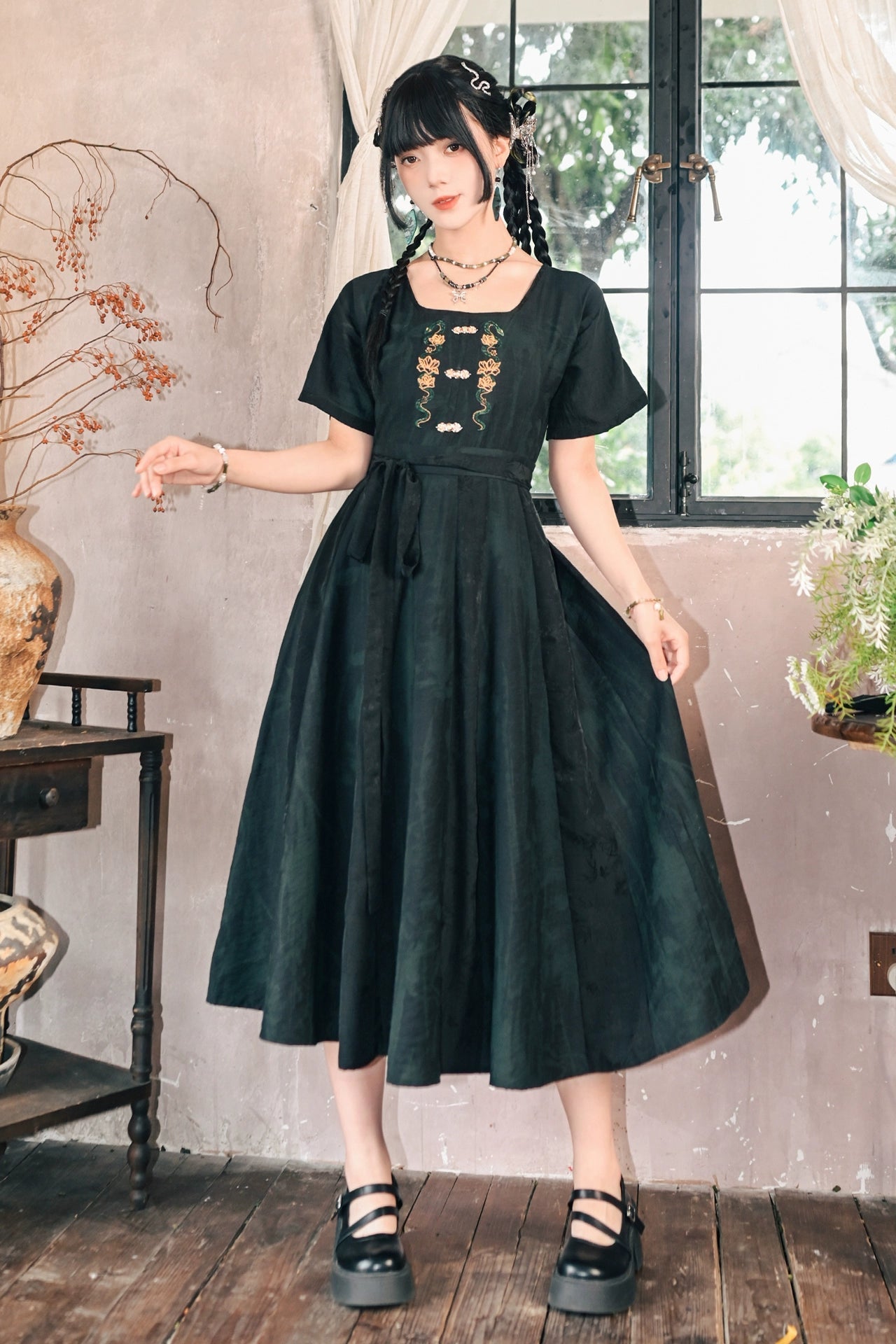 チャイナステッチジャカードロングドレス