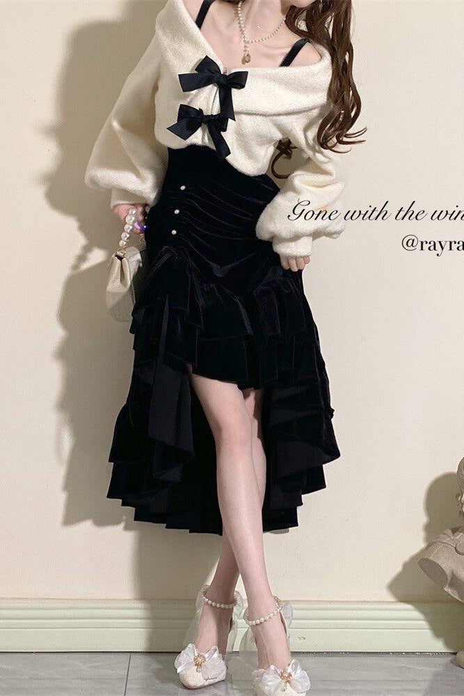 Volumenärmel-Band-Revers-Kurzjacke + Perlen-Herz-Raffung-Trägertop-Kleid