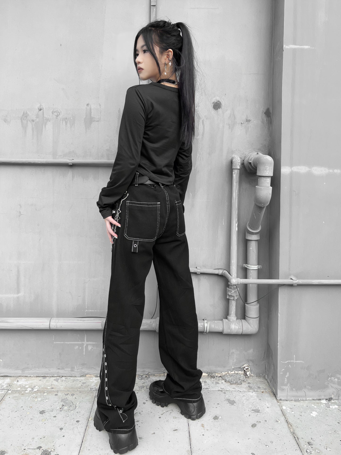 PUNK ROCK BUCKLE EYELET BLACK PANTS + CHAIN ​​HEART BELT