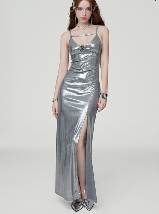 Cool Spicy Silver Slit Suspender High End Dress