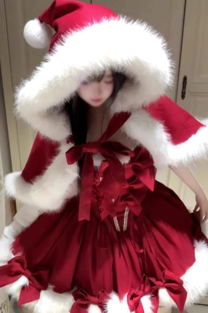 Sweet Christmas Fur Hooded Cape + Camisole Dress