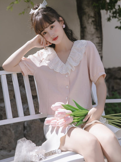 Puff sleeves French lace color shirt