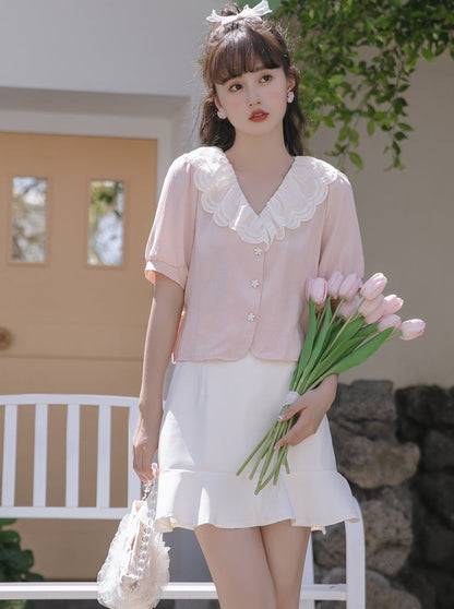 Puff sleeves French lace color shirt