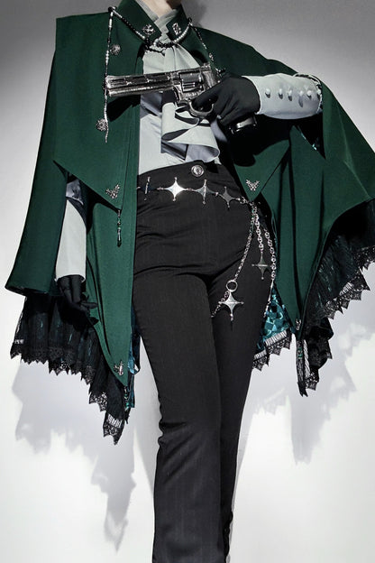 【9月5日予約締切】Dark Red/Dark Green Gothic Chain Layered Lace Cape Coat(Short Length/Long Length)