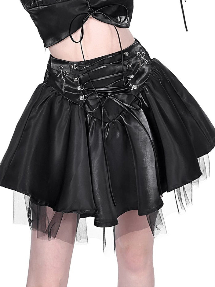 Cyberpunk glitter setup cross neck stole + puff sleeve short top + lace up tulle skirt