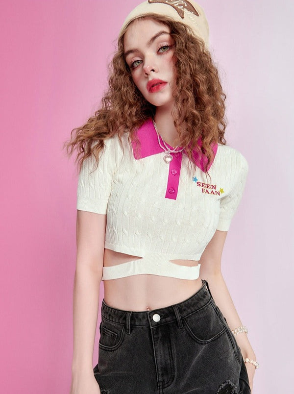 ヒットカラーバイカラーポロニットトップス