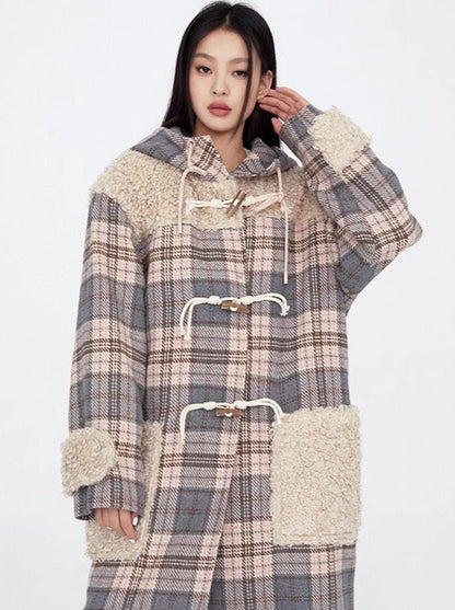 Pink & Gray Check Stitching Horn Buckle Loose Silhouette Long Coat