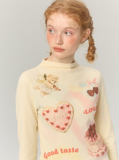 Half Turtle Collar Retro Sweet Illustration Top