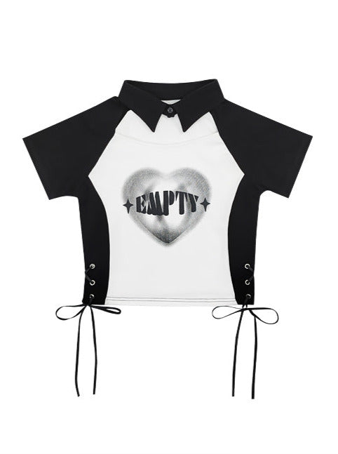 Noir Blanc Imprimé Coeur Polo fendu Colour Top T-Shirt – Belchic