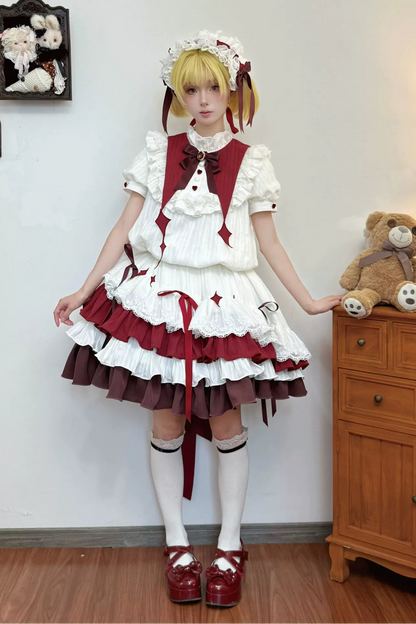 【8月29日予約締切】White x Burgundy / Blue x Black Gothic Doll Lolita Witch Asymmetrical Ruffle Dress Full Set （with Pointed Collar + Bow Tie + Waist Belt）
