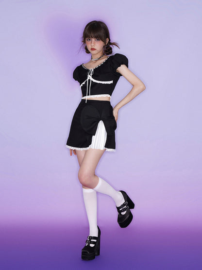 SagiDolls Girl's Fighting Spirit Black and White Lolita Design Sense Top Skirt Set Sweet and Cute Versatile Summer