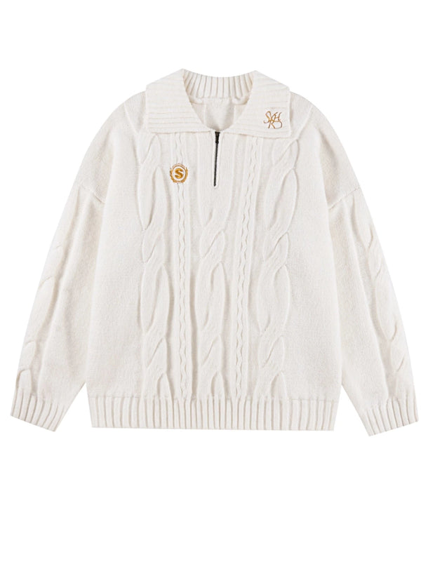 One-point design half-zip cable knit top