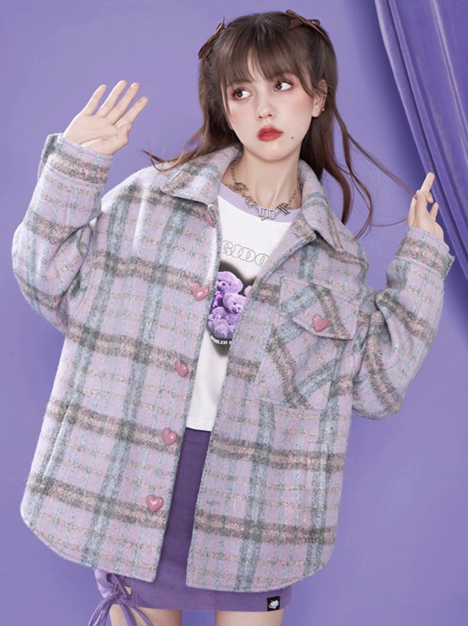 Purple Check Shirt Style Loose Coat