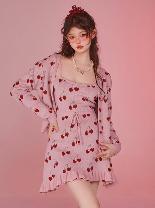GirlyFancyClub Cherry Pie's Sweet Girly Pink Slip Dress Cardigan Duo Knitted Dress