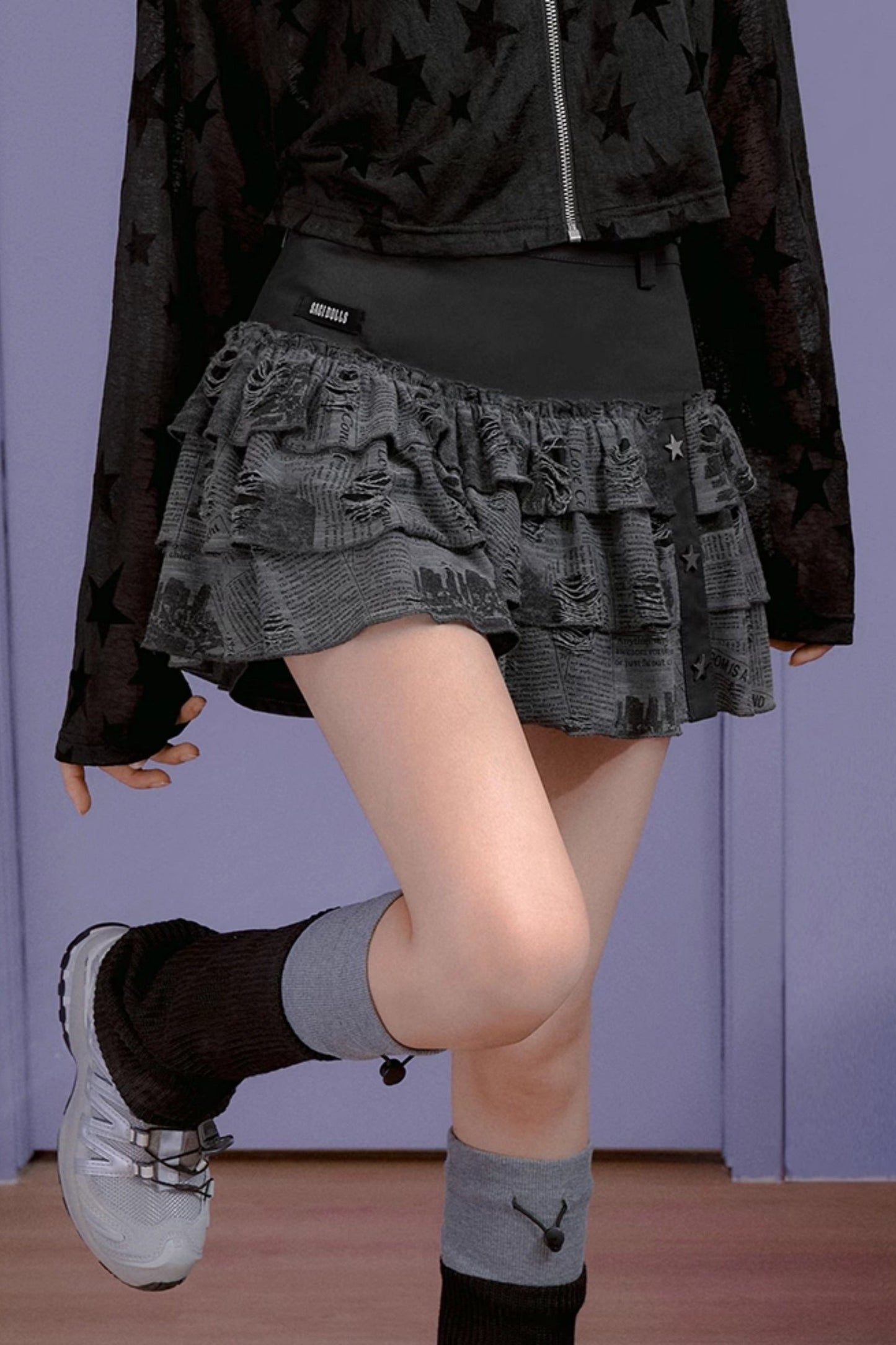 High Waist Black Newspaper Print Skirt