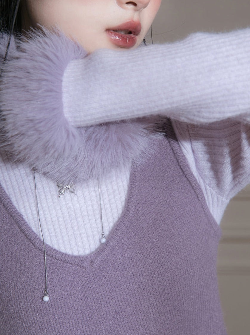 Purple Fur Knit Dress + Knit Short Vest