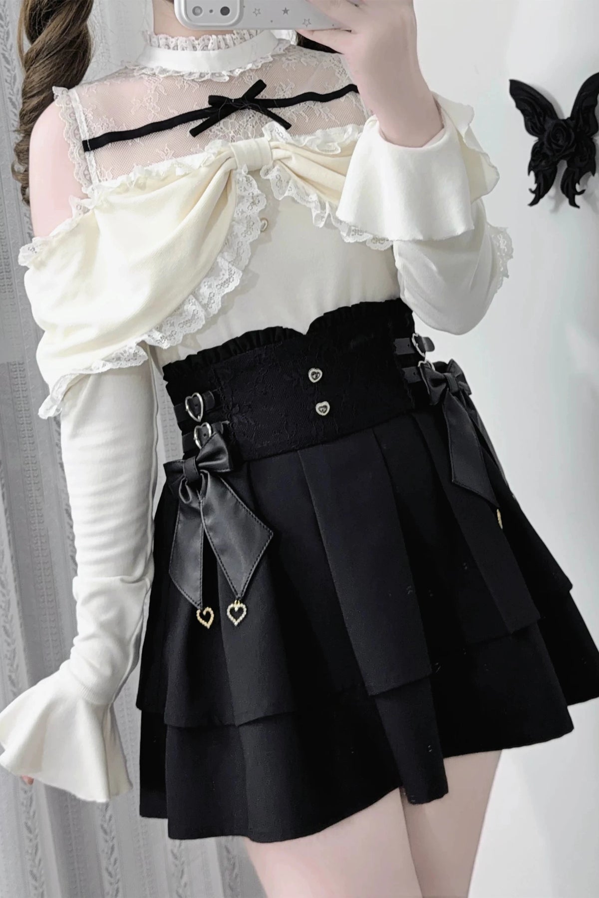 [Pre-order Deadline: October 15] Romantic White Bow Sheer Lace Off-Shoulder Knit Top + Black Bow Lace Layered Mini Skirt
