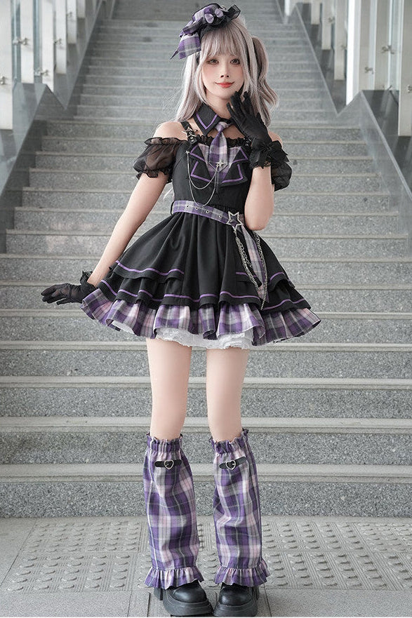 다크 카와이 체크 로리타 원피스 + 레그 워머