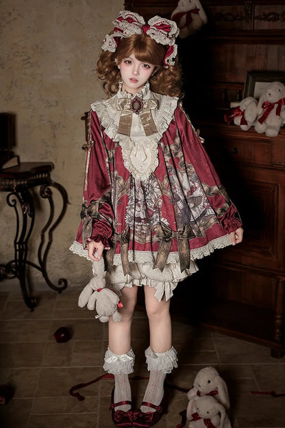 【11月3日予約締切】Antique Bow Burgundy Rabbit Print Frill Doll Dress + Shorts Set