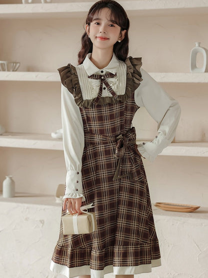 French Hepburn Style Retro Brown Ruffle Suspender Skirt