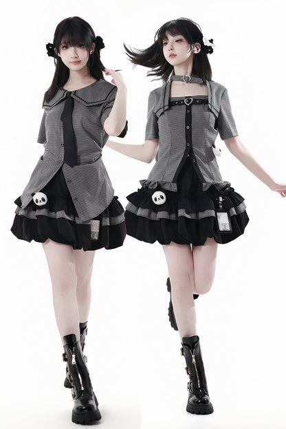 Plaid College Shirt + Shirt + Puff Skirt