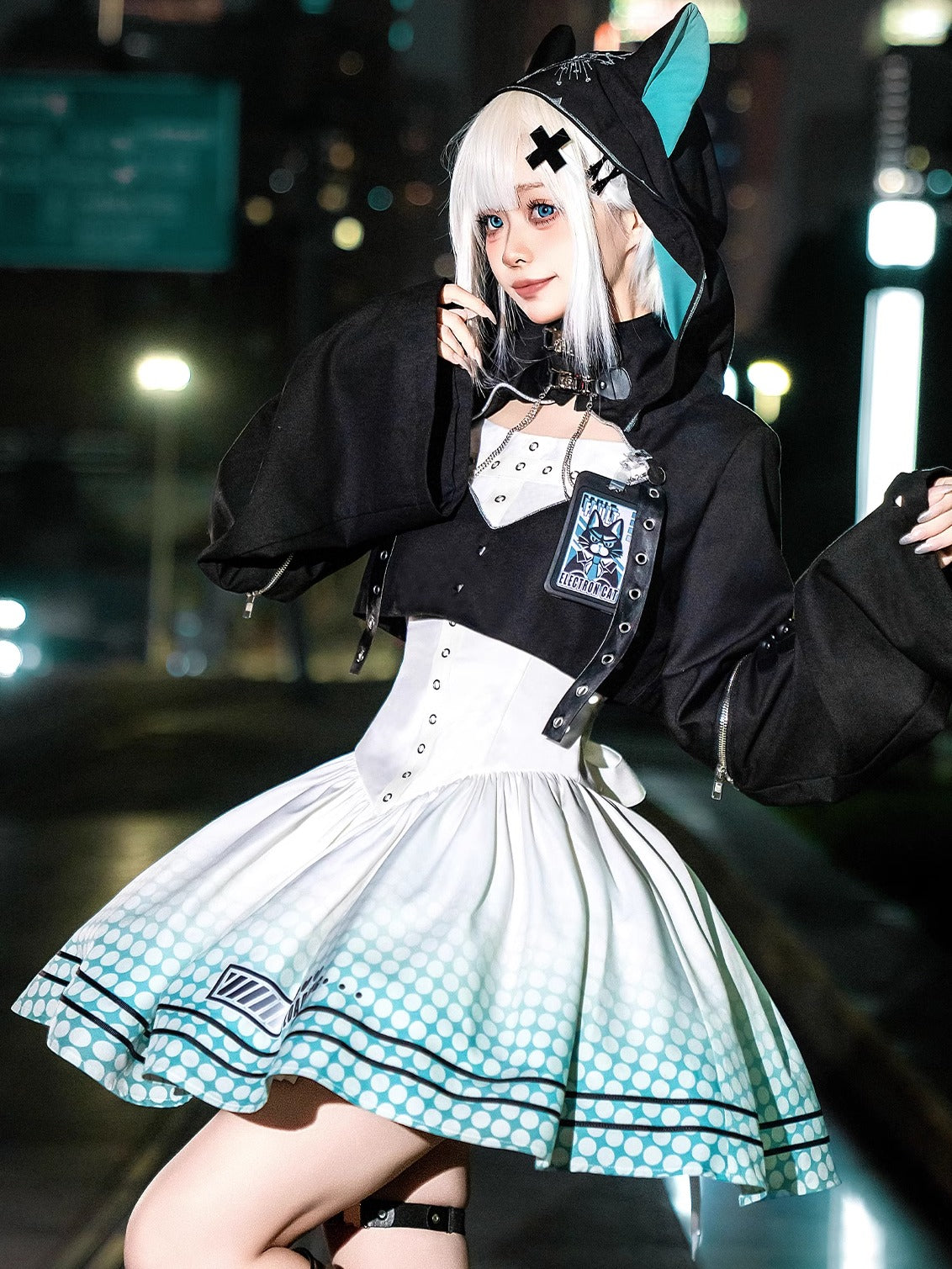 【予約商品】デイリーゴシックレトロパンクスタイルフードジャケット＋プリーツサスペンダースカート