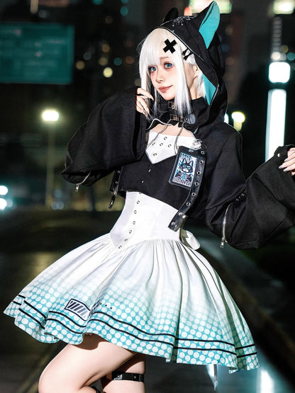 【予約商品】デイリーゴシックレトロパンクスタイルフードジャケット＋プリーツサスペンダースカート
