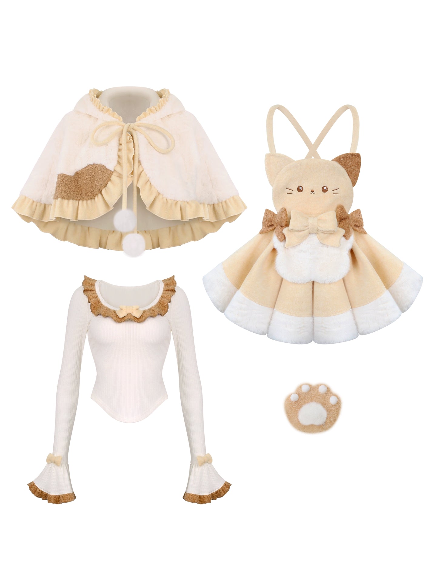 Knit top + kitten suspender skirt with brooch + cape