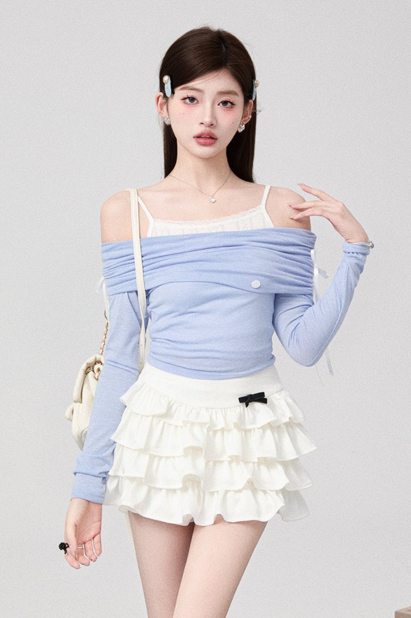 Bowan Shoulder Knit Tops + Pleated Skirt + Ribbon Cake Skirt