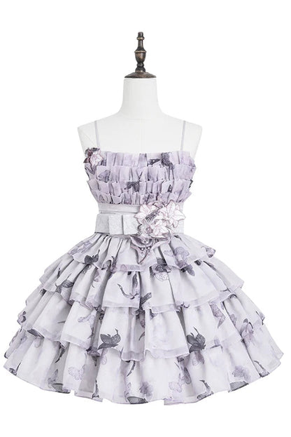 [Scadenza prenotazione 98] Mini abito dolce Lolita a balze con ricamo di gigli, fiocco e farfalla Black x Purple / White x Purple