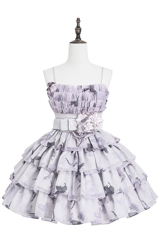 [Cierre de reservas el 98] Minivestido escalonado de lolita dulce con bordado de lirios, lazo y mariposa Black x Purple / White x Purple