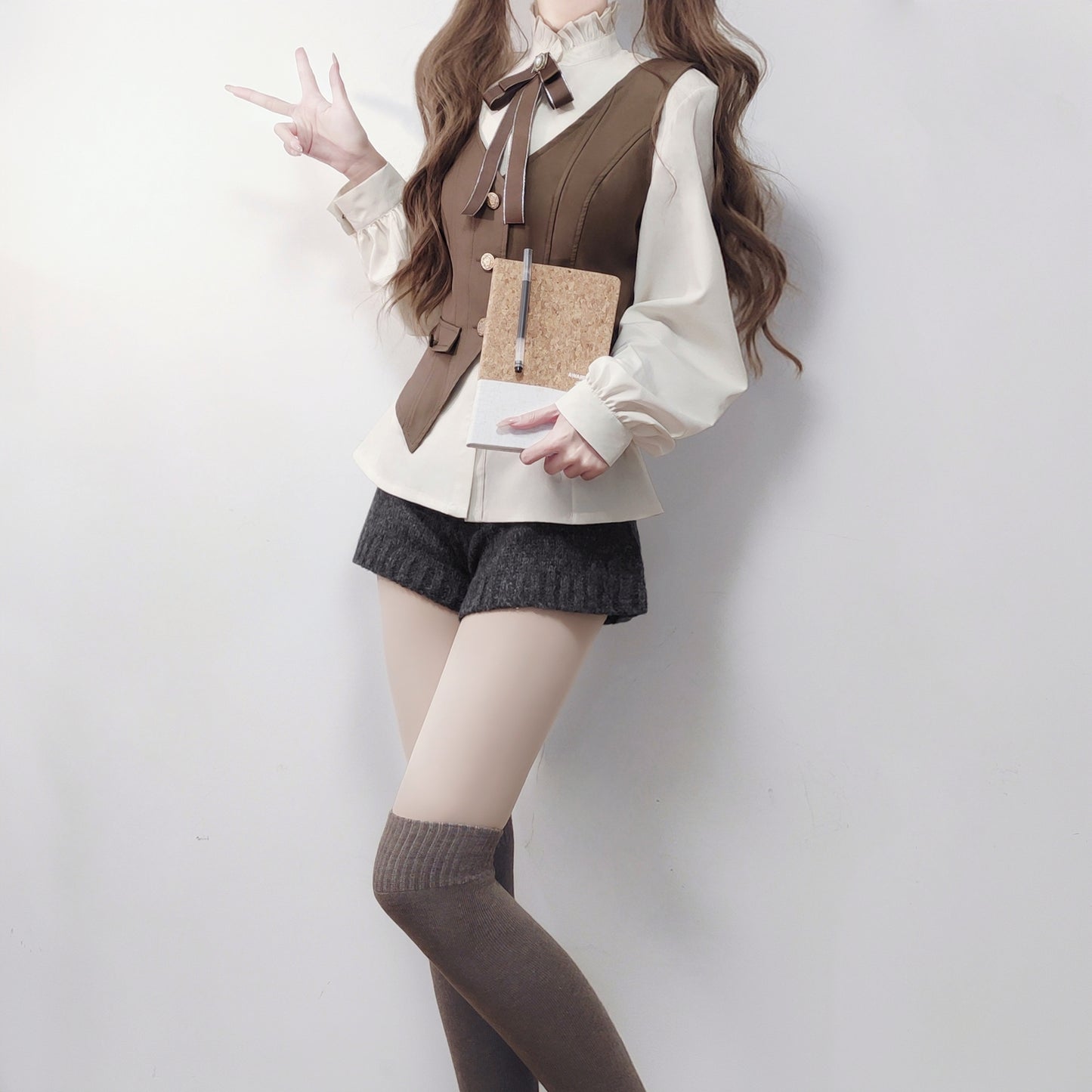 レトロロングコート+スカート+シャツ+ベスト