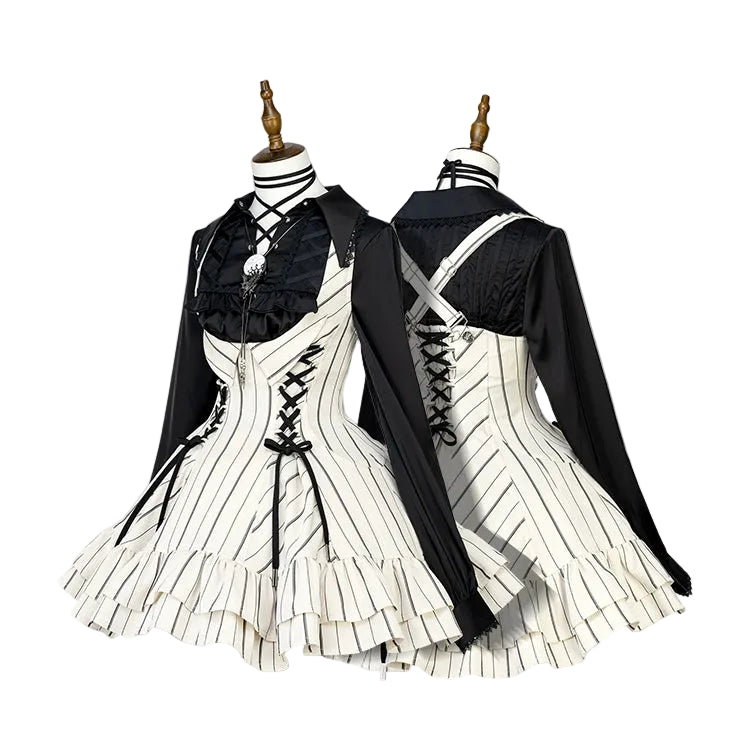 【12月29日予約締切】ゴシックロリータストライプバッククロスフリルサスドレス