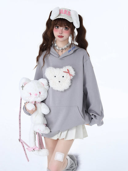 Fluffy Morabito Rabbit Loose Pastel Color Hooded Hooded Hoodie