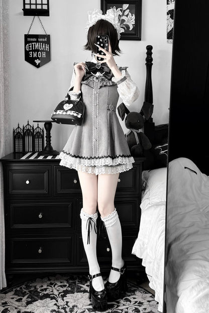 [Pre-order Deadline: November 15] Houndstooth Lace Sleeve Ruffle Dress + Matching Shorts + Pearl Ribbon Set