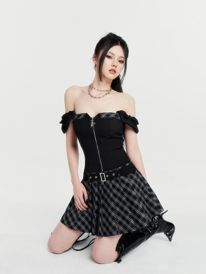 Cool Spicy Square &amp; Off Shoulder Check Belt Pleated Dress 