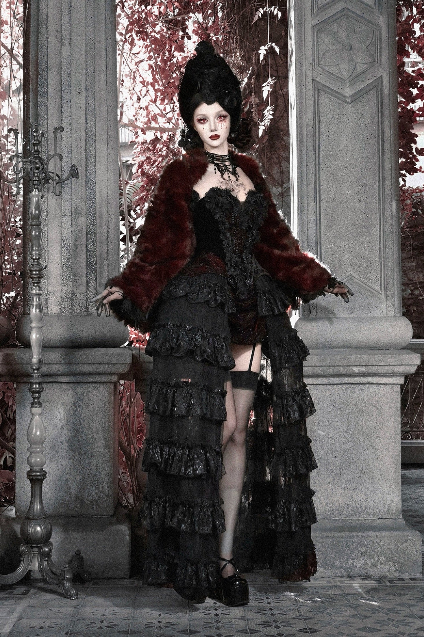 Blood supply original ◆ castle thriller crimson gothic environmental protection fur cloak jacket shawl Halloween winter
